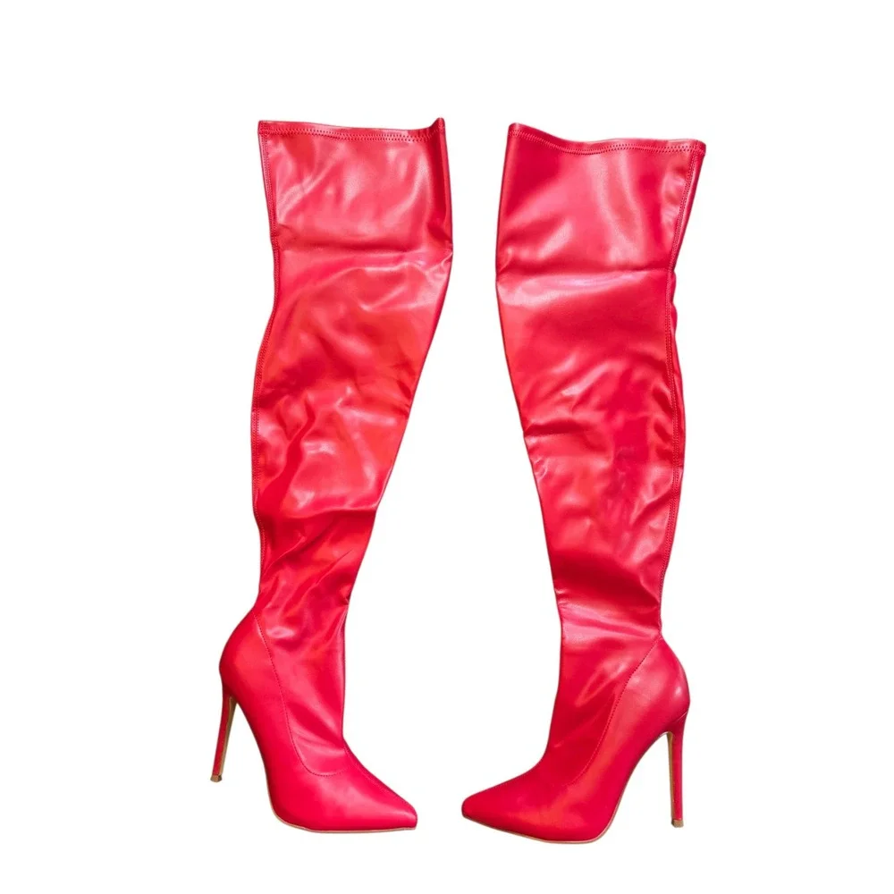 Fashion Nova Red Faux Leather Thigh High Stiletto Boots Pointed Toe Womens Sz 9